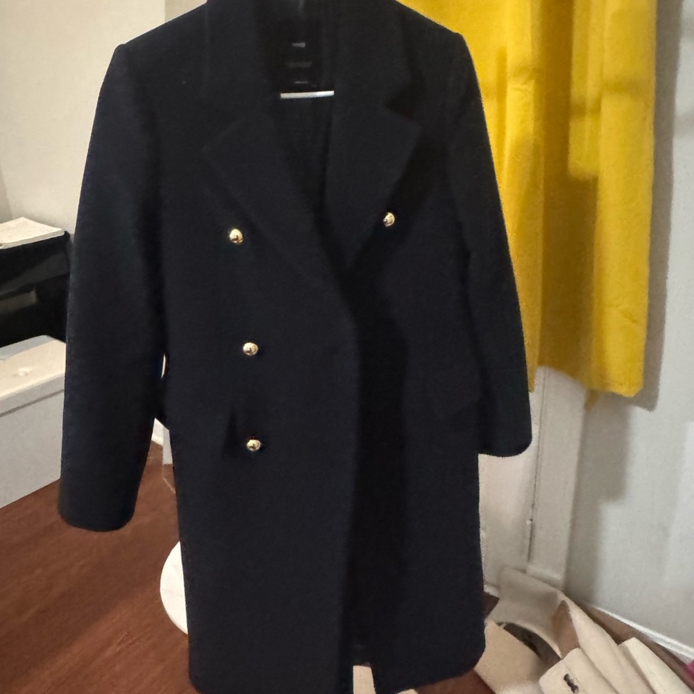 Mango Black Pea Coat Double-Breasted Wool